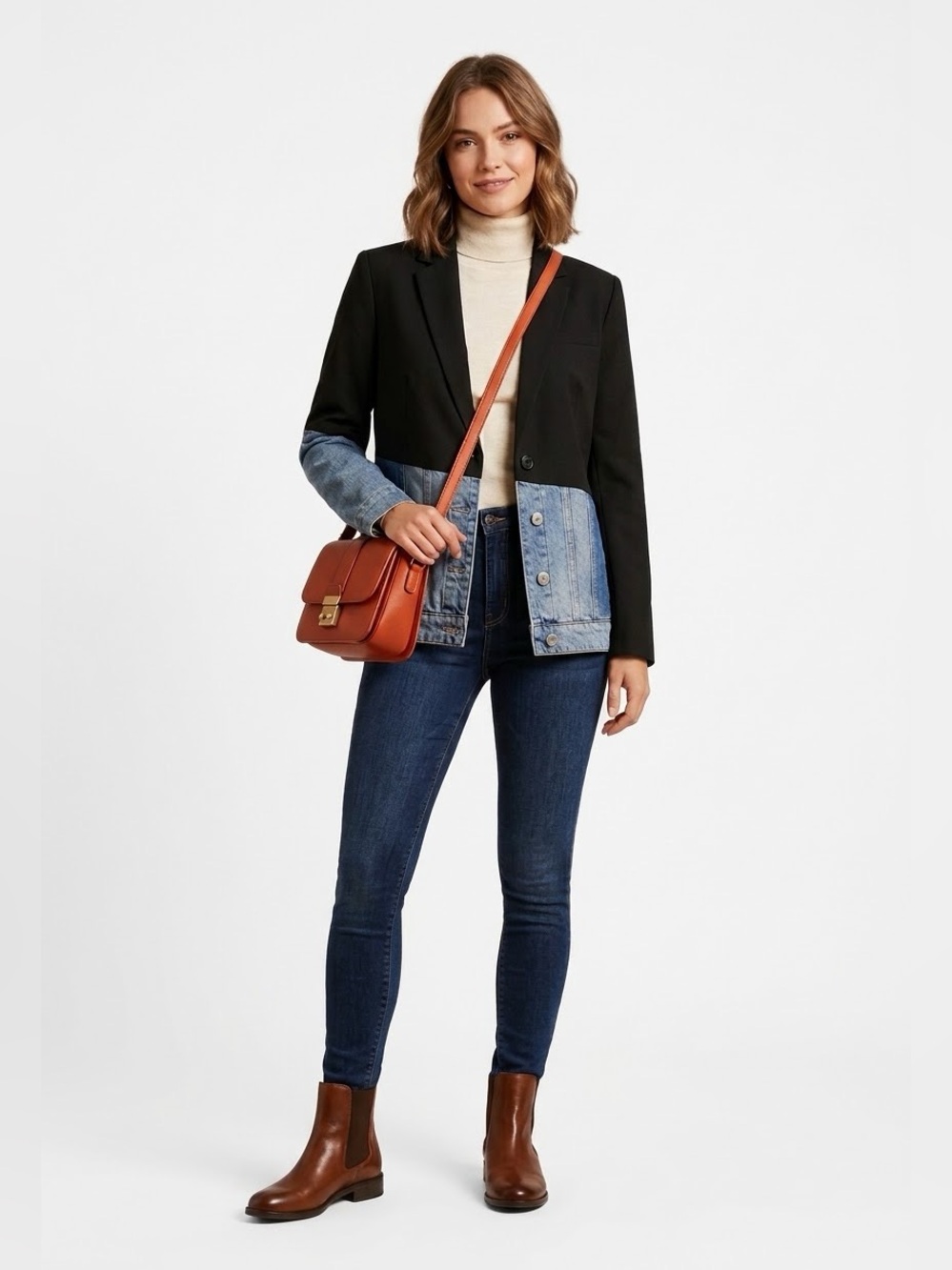 Desigual Women's Hybrid Bimaterial Blazer Denim Trucker Jacket, Black/Blue